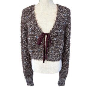 NWT Free People Brown Fuzzy Knit Floral Embellished Cardigan W/Satin Tie Front M